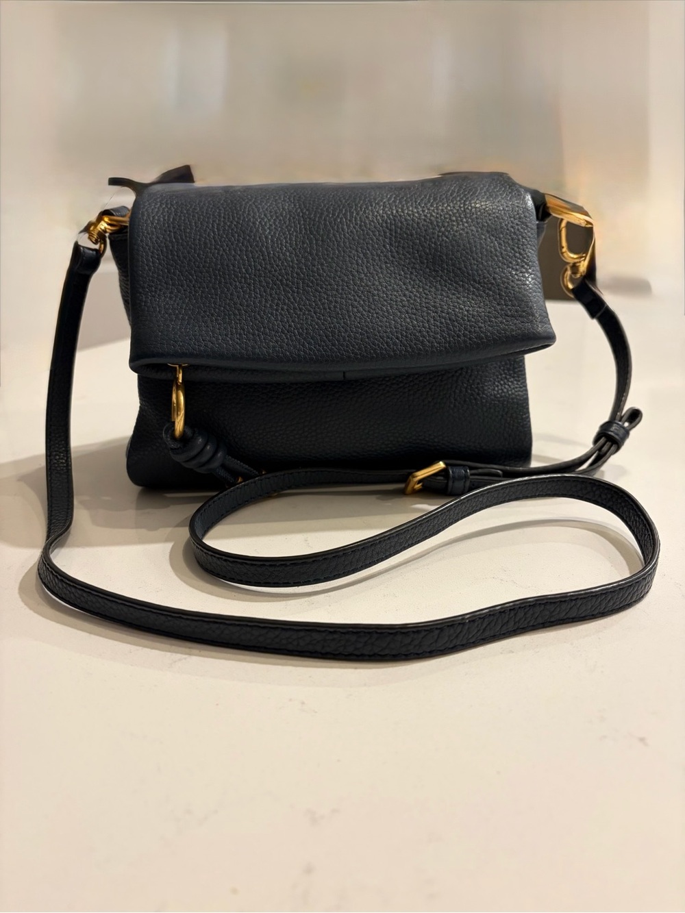 Thacker Blue Julia Leather Fold-Over Crossbody with Gold Hardware EUC